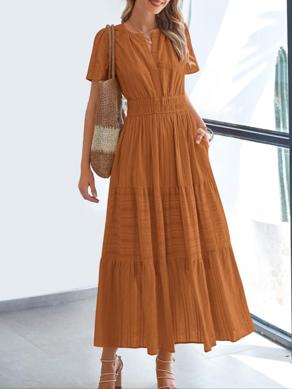 NWT BTFBM Brown Orange V Neck Boho Maxi Dress XL